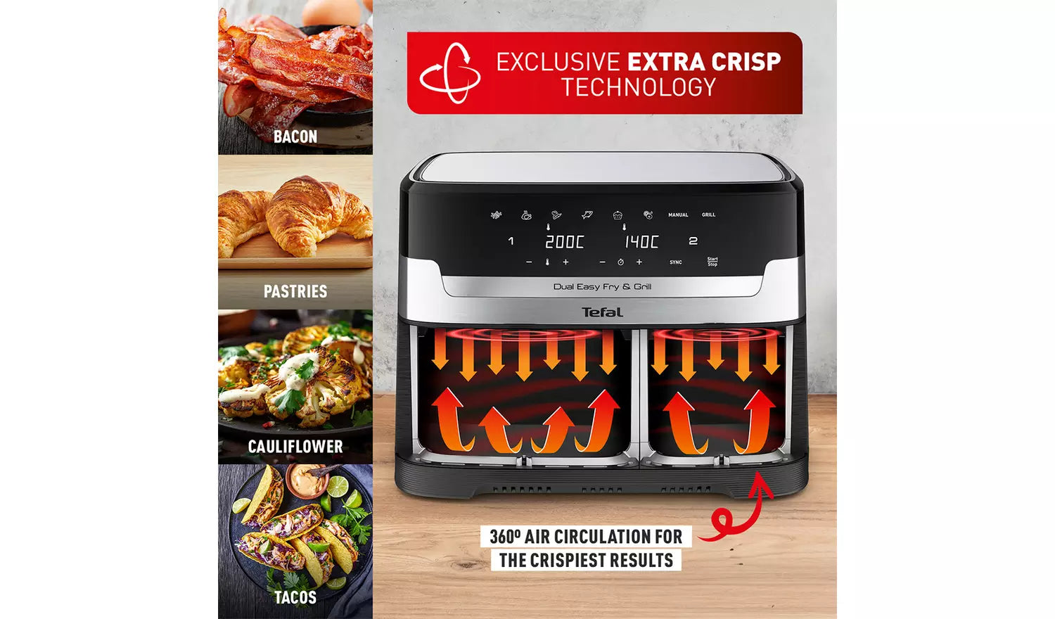 Tefal EY905D40 Easy Fry Dual Zone Air Fryer & Grill, 8.3L, Stainless Steel