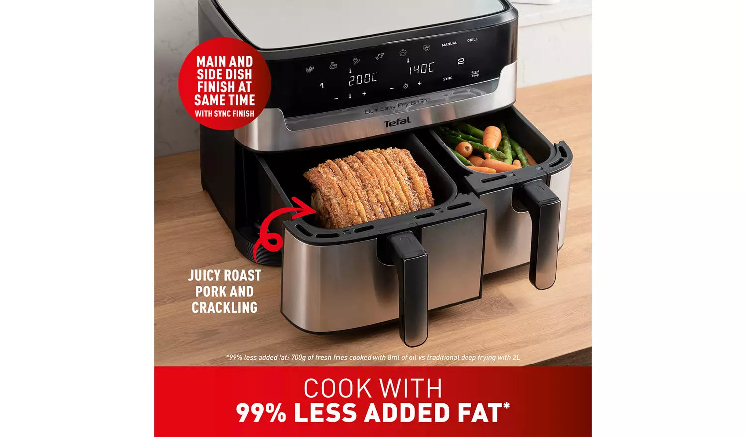 Tefal EY905D40 Easy Fry Dual Zone Air Fryer & Grill, 8.3L, Stainless Steel