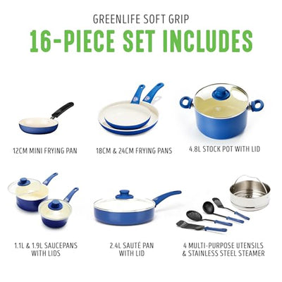 GreenLife Soft Grip Healthy Ceramic Nonstick 16 Piece Kitchen Cookware