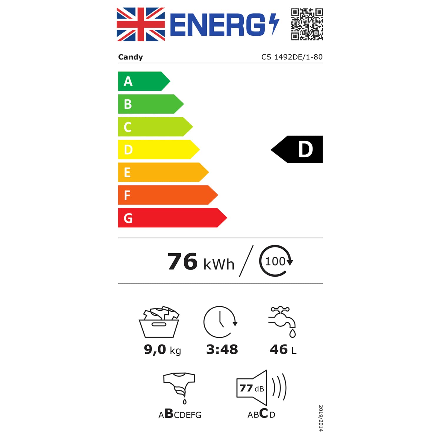 CANDY 9kg 1400rpm NFC Freestanding Washing Machine