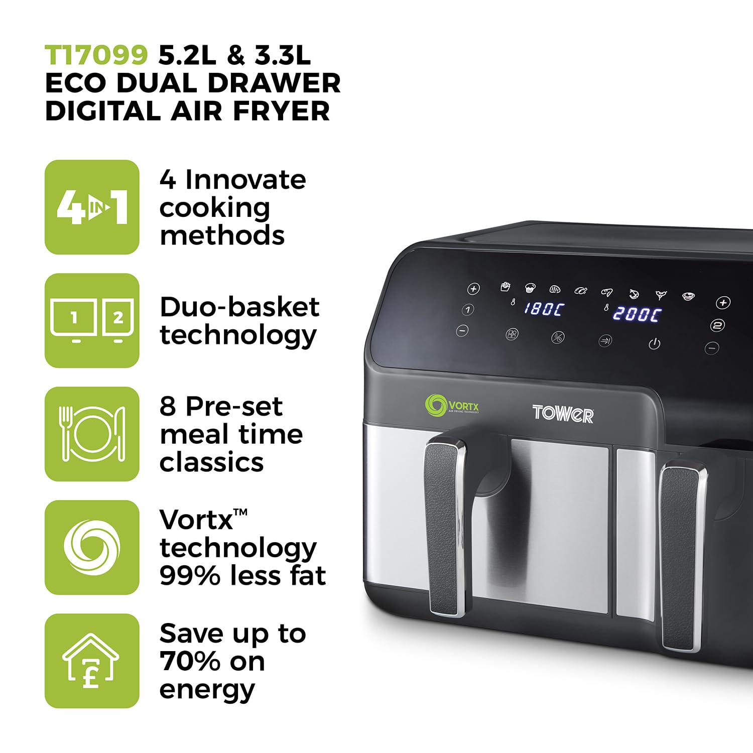 Tower Vortx 5.2L and 3.3L Eco Dual Drawer Air Fryer