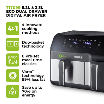 Tower Vortx 5.2L and 3.3L Eco Dual Drawer Air Fryer